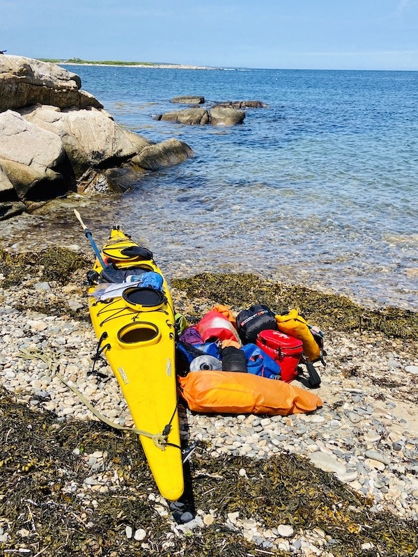 sea kayaking gear on beach  in the Cape Porpoise Islands