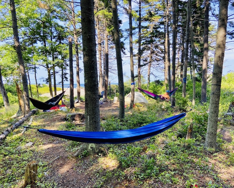 Hammocks at campsite  in the Cape Porpoise Islands