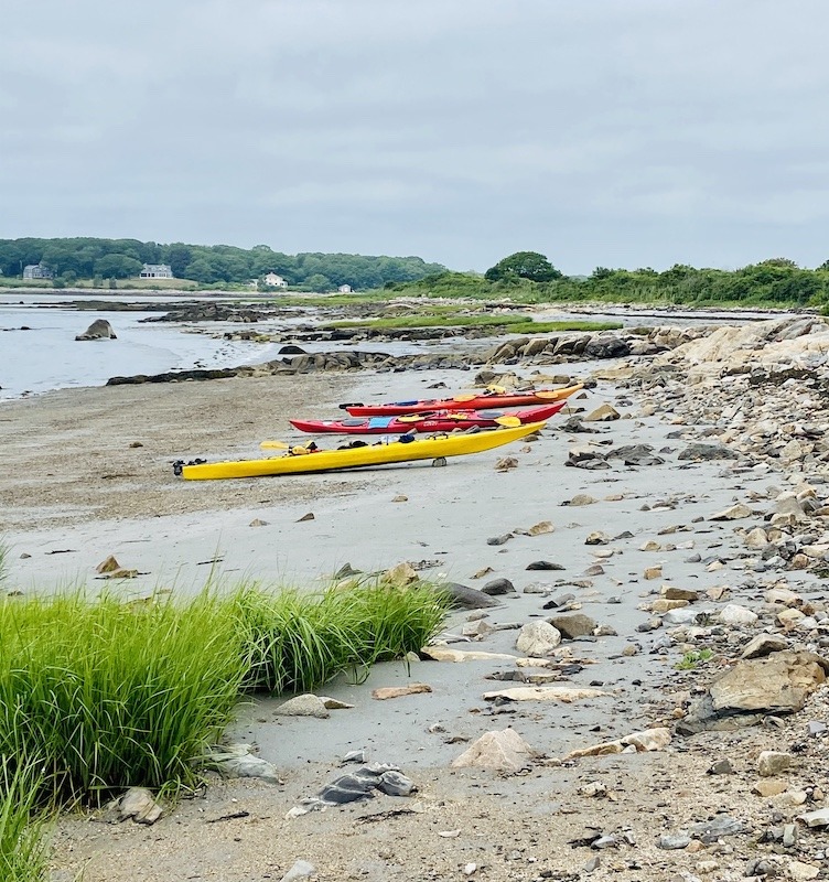 beach with sea kayaks  in the Cape Porpoise Islands