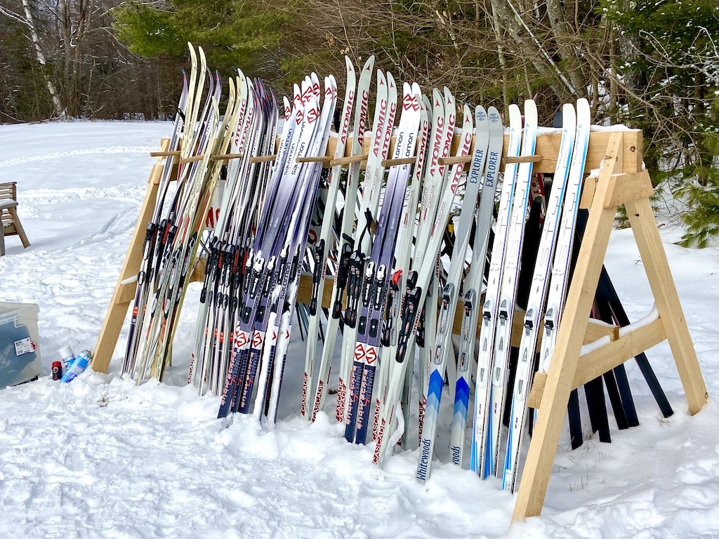 ski rack with skies for free cross country skiing near Hanover, New Hampshire