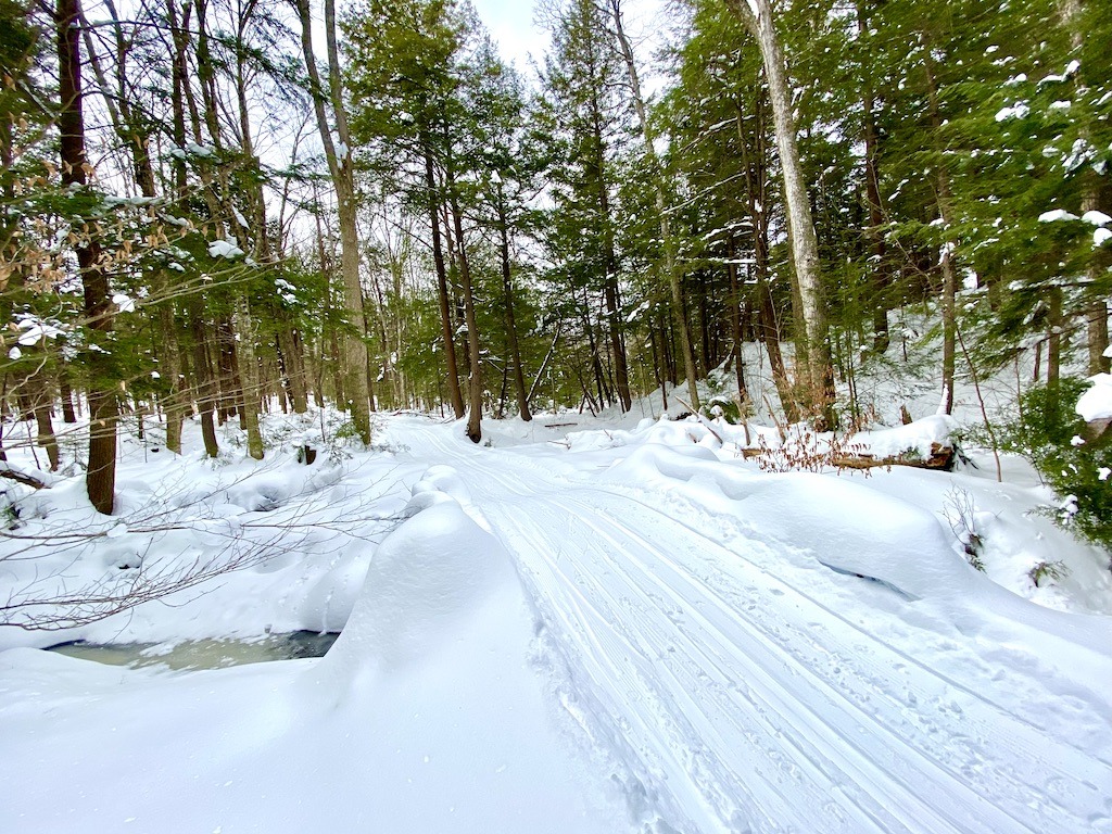 ski trail over river-cross country skiing in the Berkshires