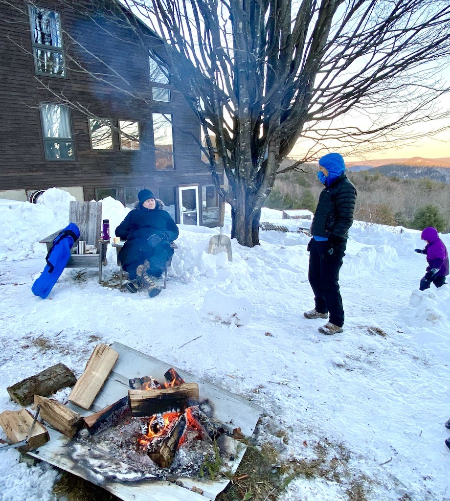campfire and people-cross country skiing in the Berkshires