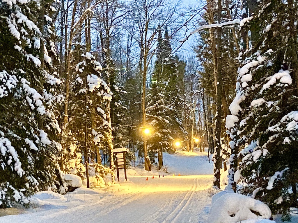 ski trail with lights-cross country skiing Adirondacks