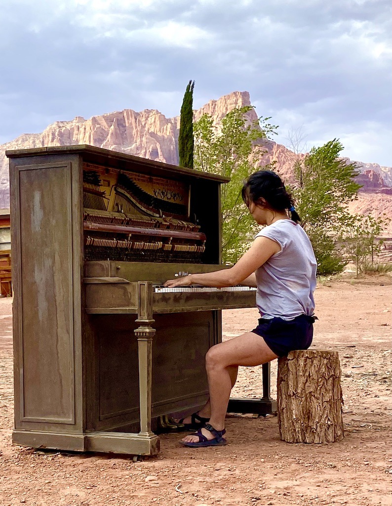 woman playing piano in the desert