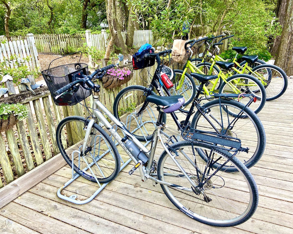 colorful bikes in a bike rack-one of the outdoor adventures on Ocracoke Island