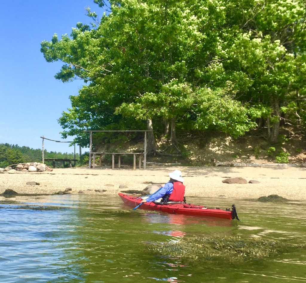 campsite with red kayak Maine sea kayak camping