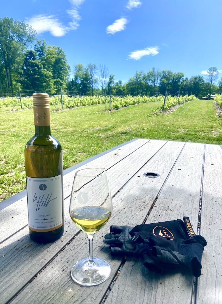wine bottle, glass and bike gloves-Three Pines Tour in Search of Louise Penny's Inspirations 