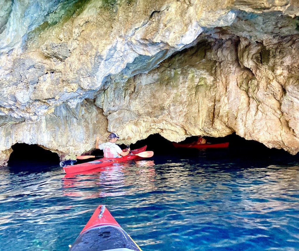 entering a sea cave- Sea Kayaking on the Mani Peninsula