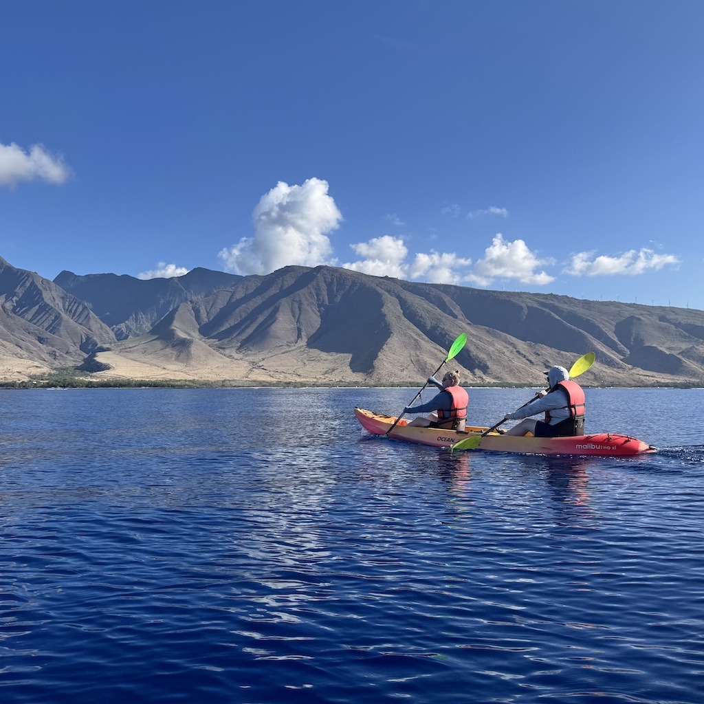 two paddlers in orange kayak-Sea kayaking with whales in Maui