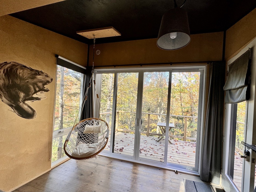 beaver painting and hanging chair-Glamping in the Eastern Townships