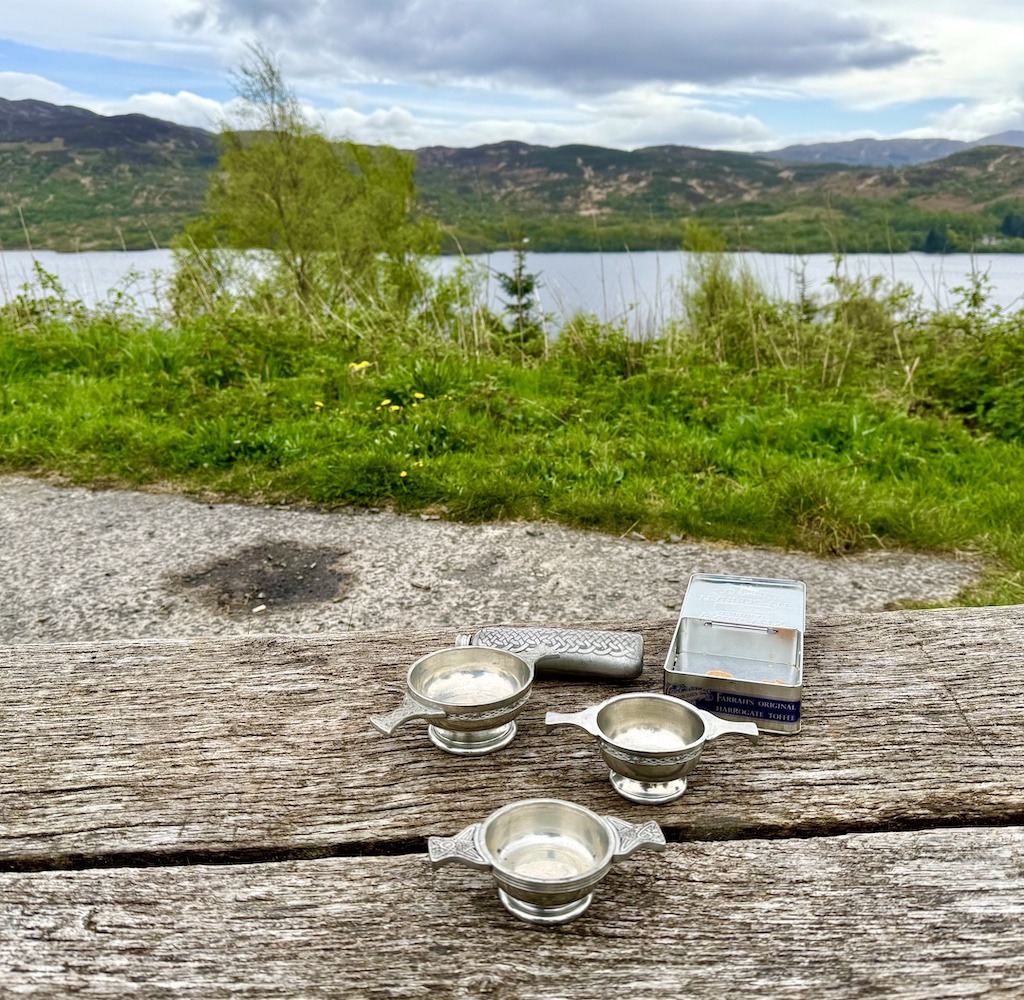 3 silver chalices used for whisky while E-biking Loch Katrine