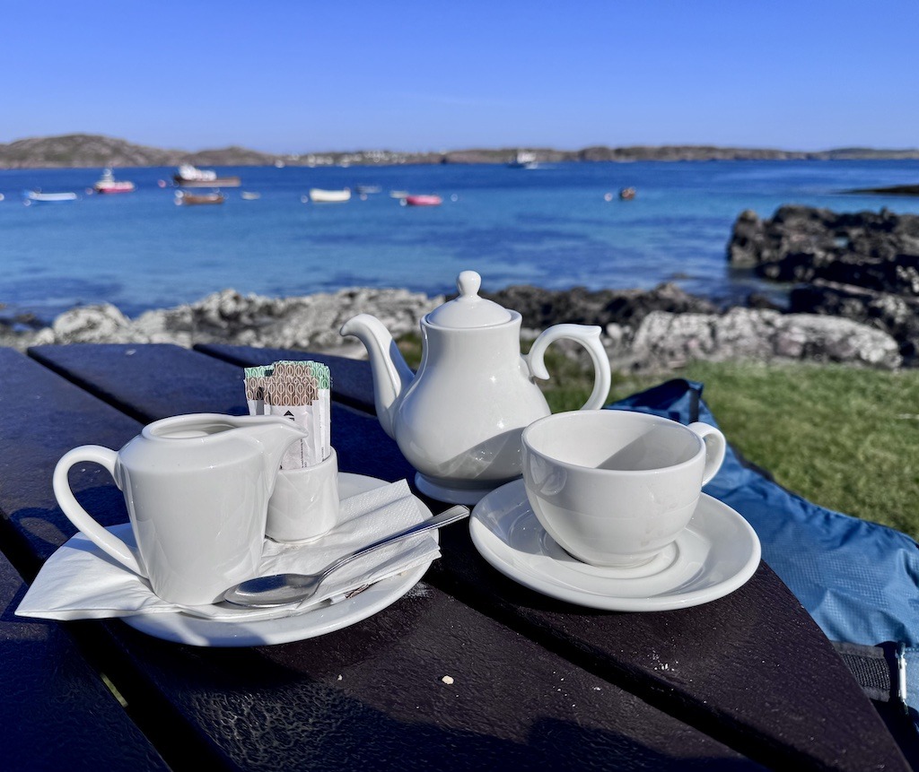 white tea set overlooking bay
