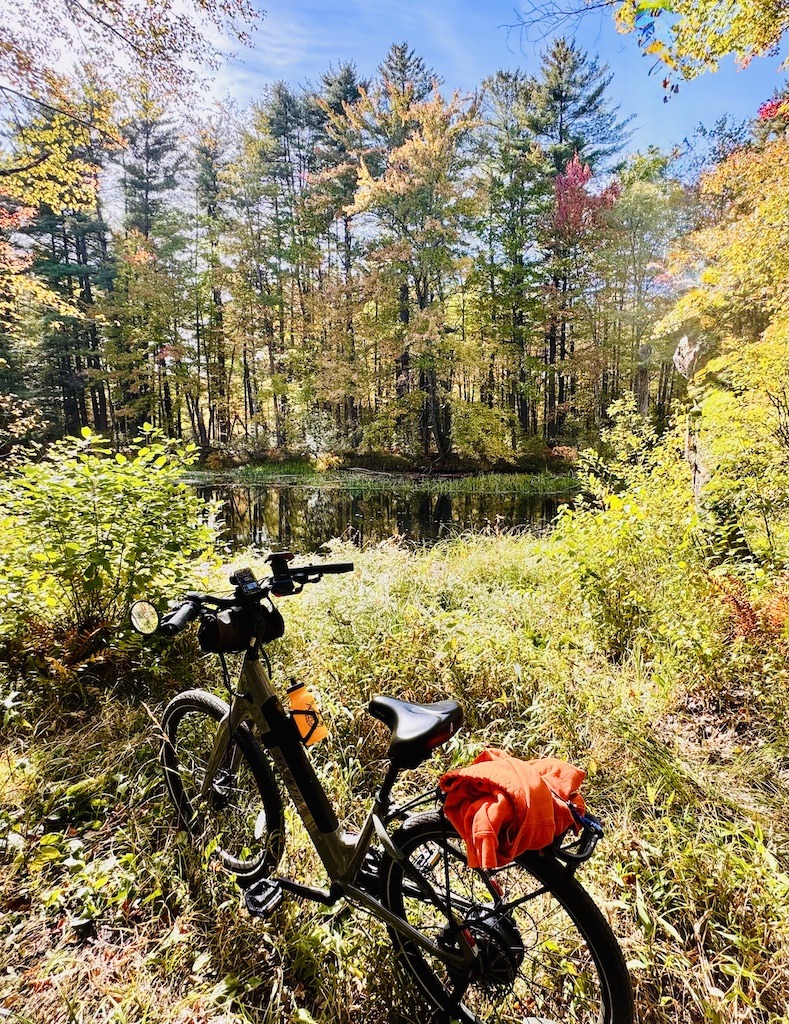 bike on the side of a river while biking in Southern New Hampshire