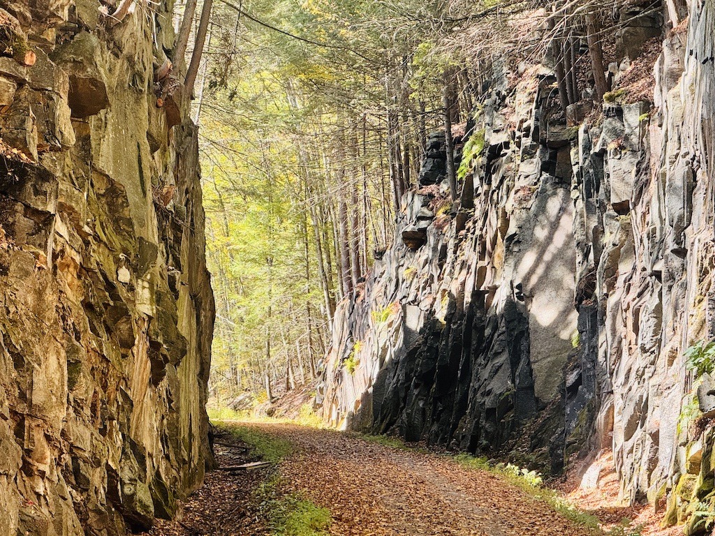 cliffs with path through them while biking in Southern New Hampshire
