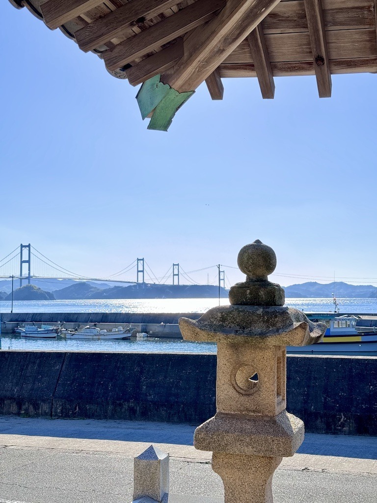 shrine and bridge seen while biking the Shimanami Kaido