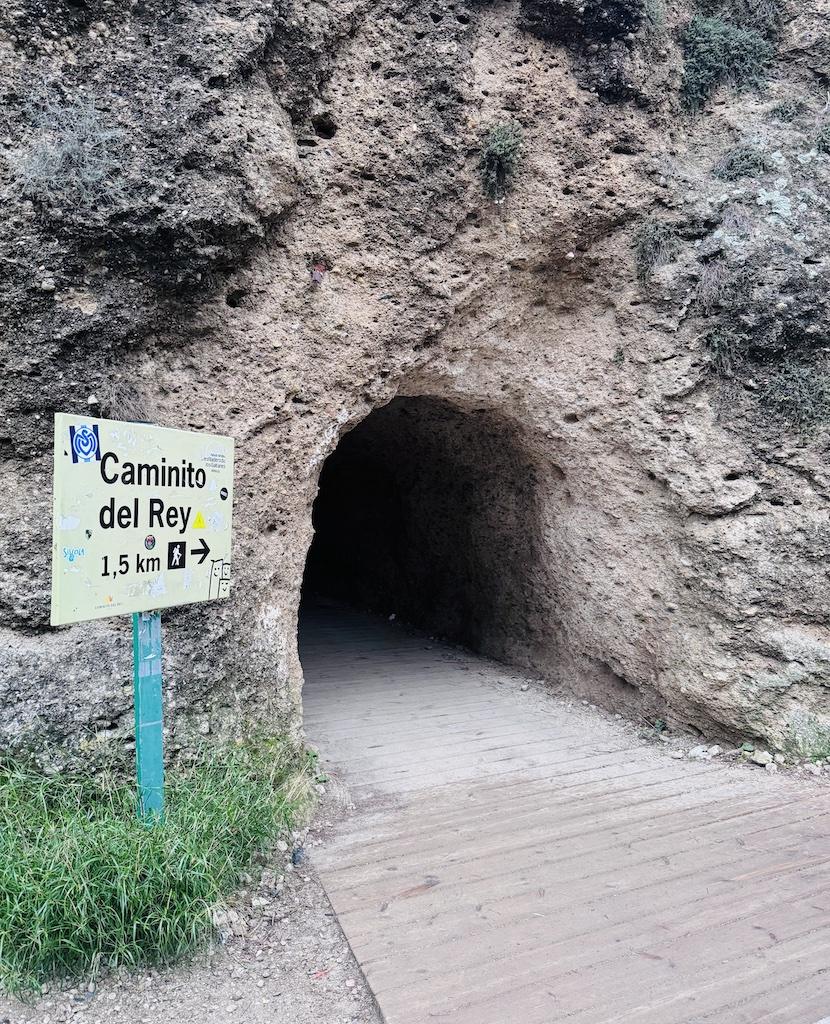 tunnel with sign for Caminito del Rey hike