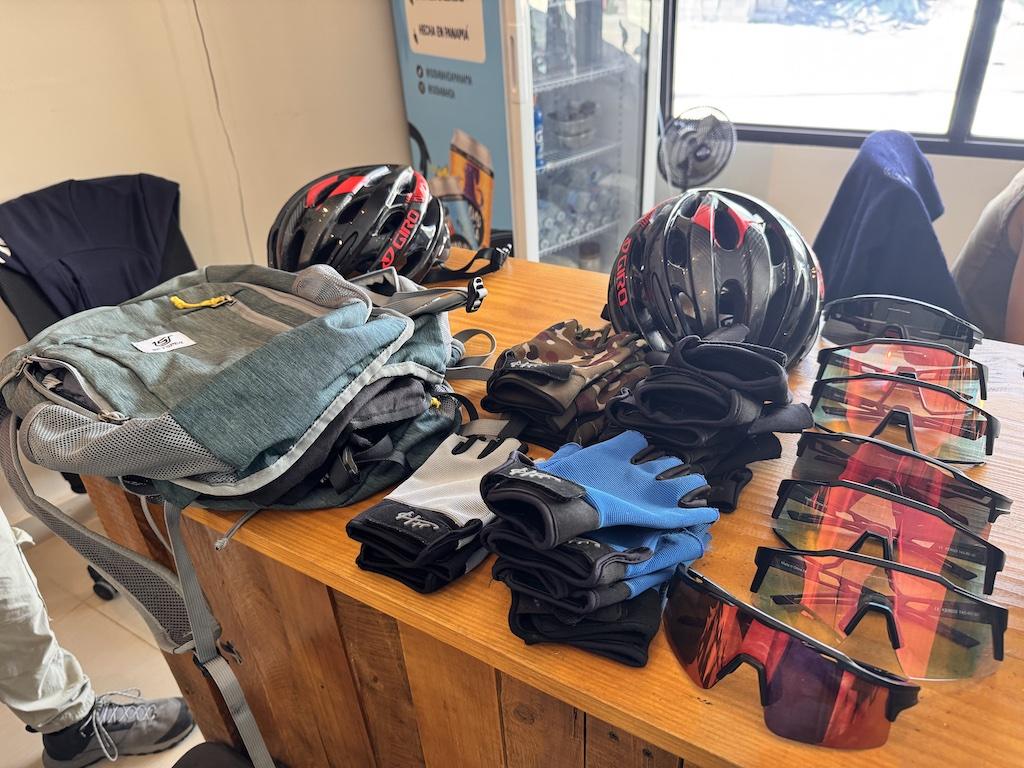 helmets, gloves, sunglasses and backpacks used while E-biking in Panama