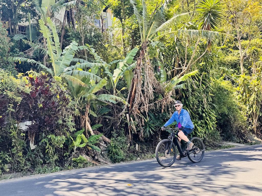 biker in blue riding past jungle plants while E-biking in Panama