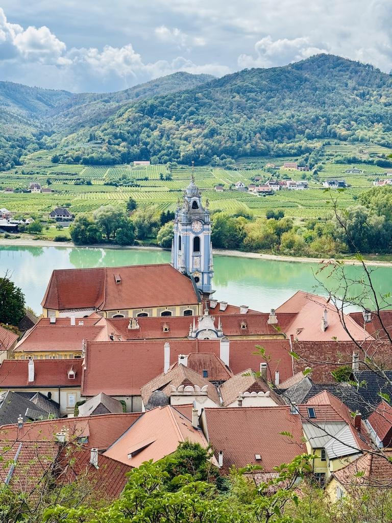 blue and white tower above orange roofs and green river seen while biking along the Danube River