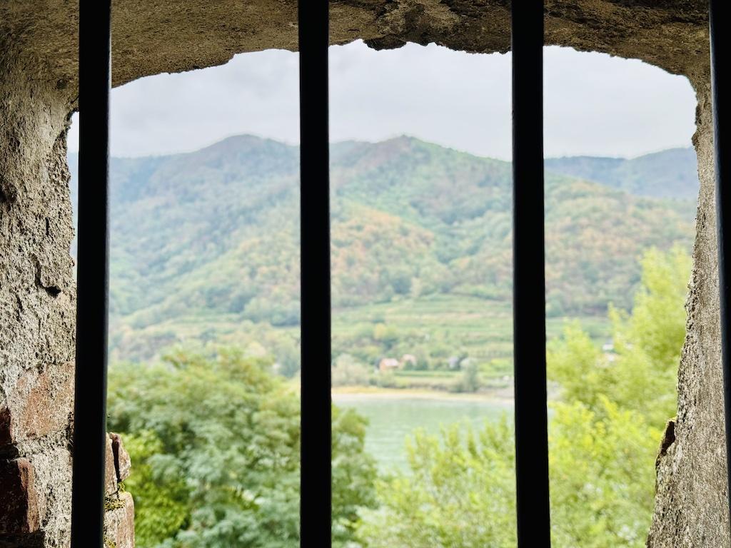 river through window with bars