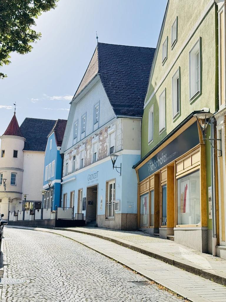 blue and yellow buildings